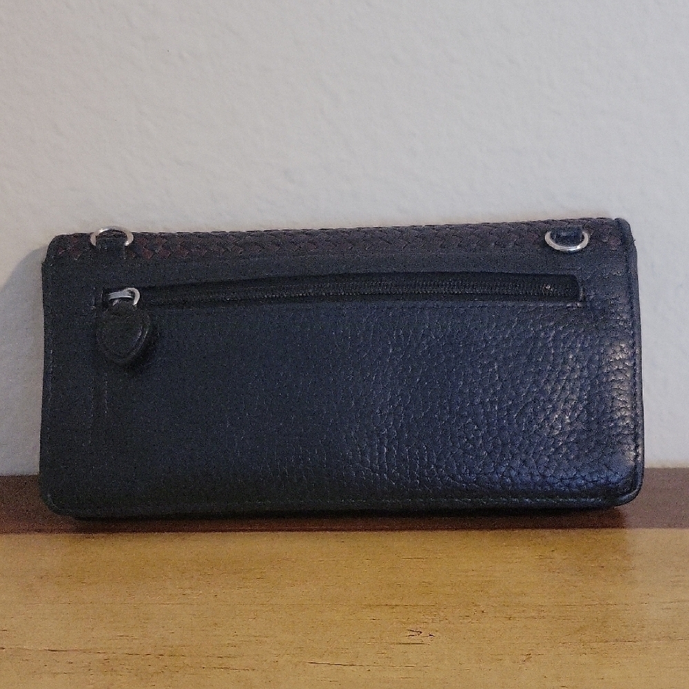 Brighton Wallet Woven Leather Black, maroon Basket Weave Tri Fold - Picture 2 of 8